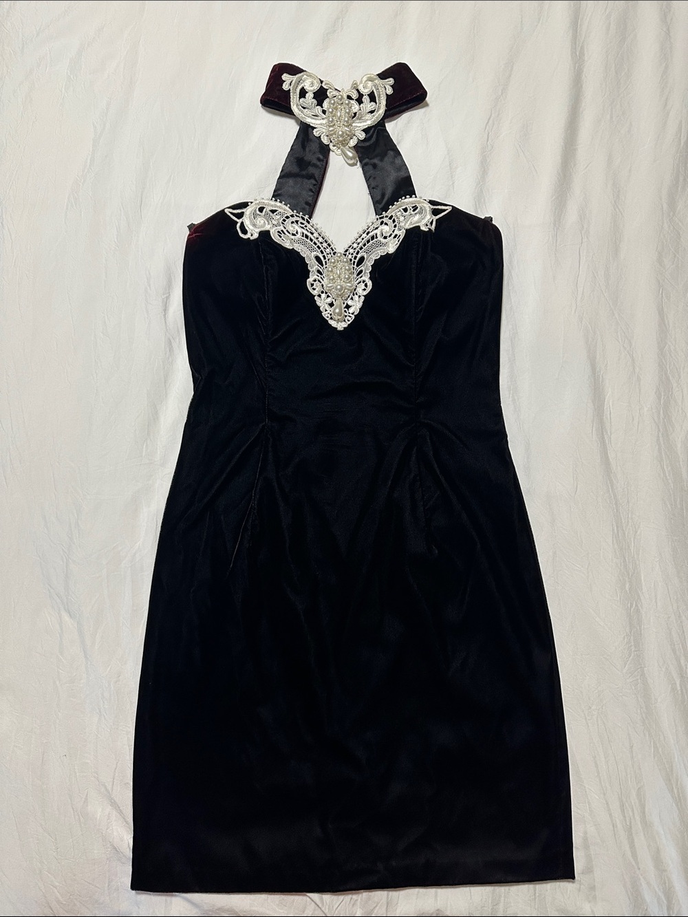 Vintage 90s Jessica McClintock Black Velvet Halter Dress Lace Pearl Choker 9/10